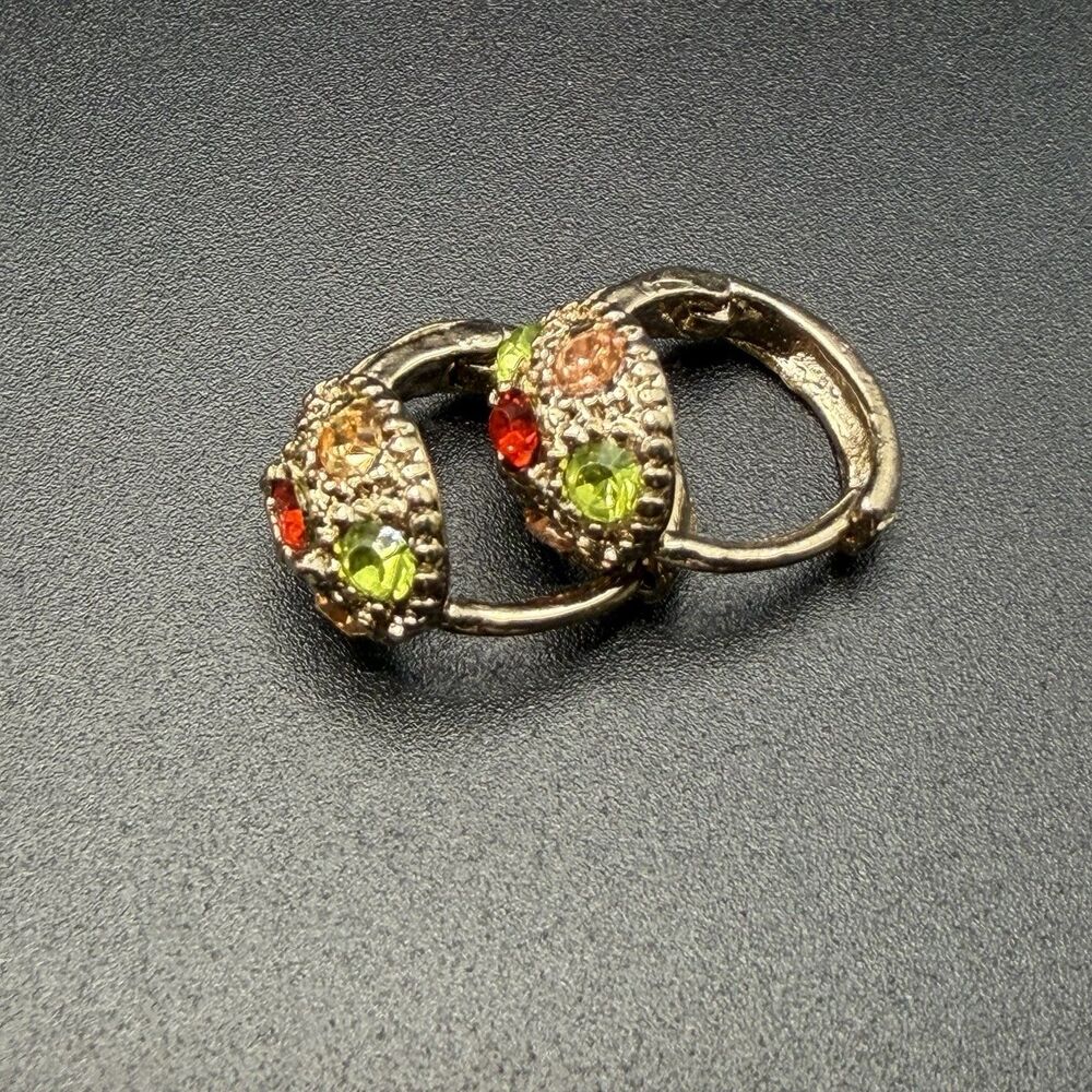 Vintage Multicolor Rhinestone Huggie Hoop Earrings Textured Gold Tone Mini Hoops